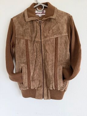 Vintage Brown Zip-Up Suede & Knit Panel Sweater